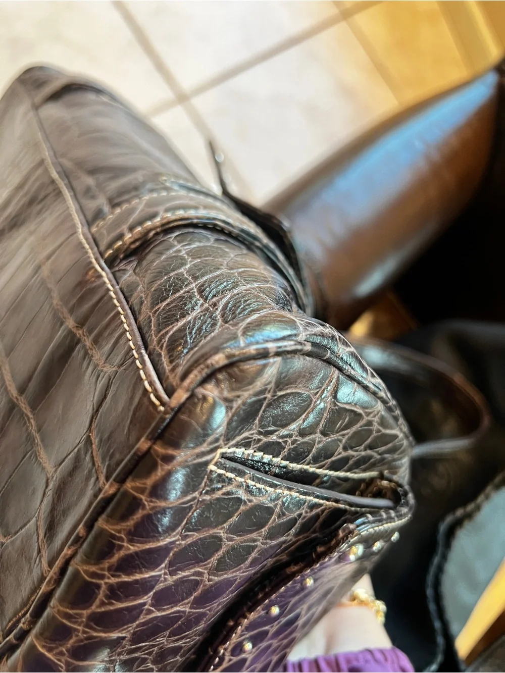 Donald J Pliner Brown Croc Embossed Leather Satchel Bag + Matching Size 8 Shoes